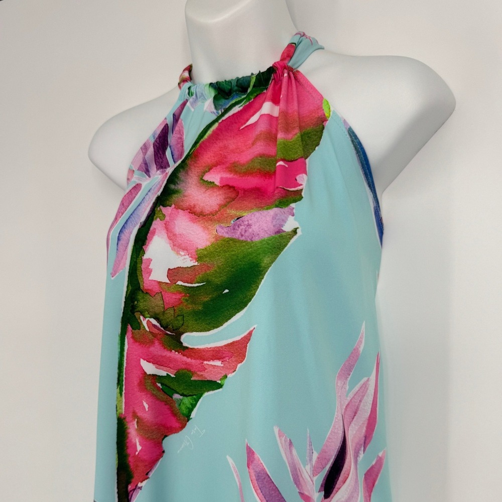 Tara Grinna Halter Dress Large Blue Tropical Floral Palm Leaf Beach Vacation - Picture 5 of 10